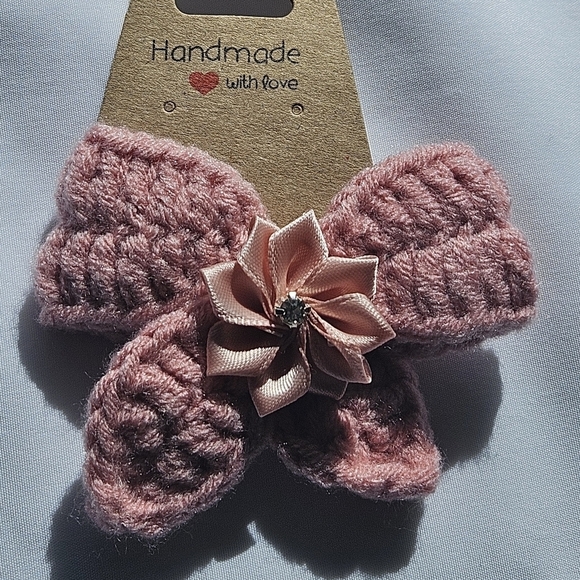 Hand Crafted Crochet Bow Hair Clip Pale Pink Alligator Clip Silk Ribbon Flower - Picture 15 of 17